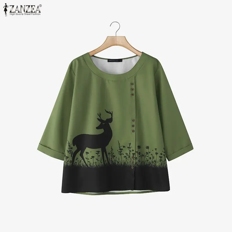 ZANZEA Camicette con maniche a 3/4 da donna casual Primavera Estate O-Collo Cartoon Deer Stampa Bottoni Top Abbigliamento quotidiano Abbigliamento donna 3XL