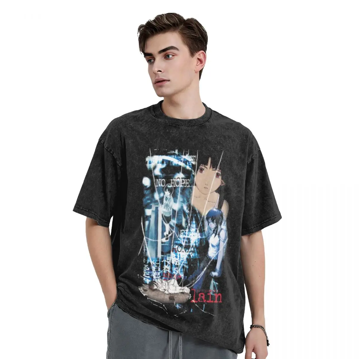 Serial Experiments Lain T-Shirt T Shirt Hip Hop Washed Short Sleeve Oversize T-Shirts Men Women Tops Streetwear Summer Tops Tees