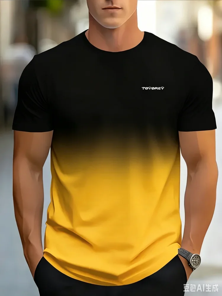Fashion Men's Gradient Style T-Shirt 3D Letter Print Tee Daily Casual Streetwear Crew Neck Short Sleeve Basic Man Tops
