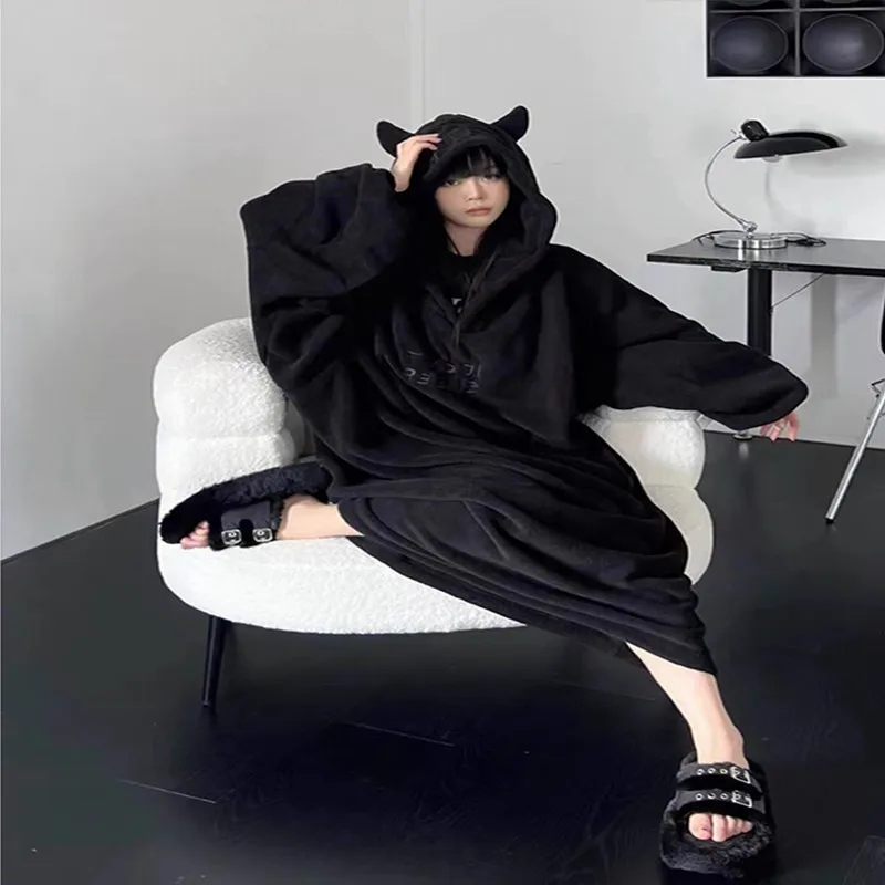 Breathable Stretch Four Seasons Hooded Women\'s Sleeping Gown Padded Thickened Onesie Embroidered Pajamas David Clothes Homewear