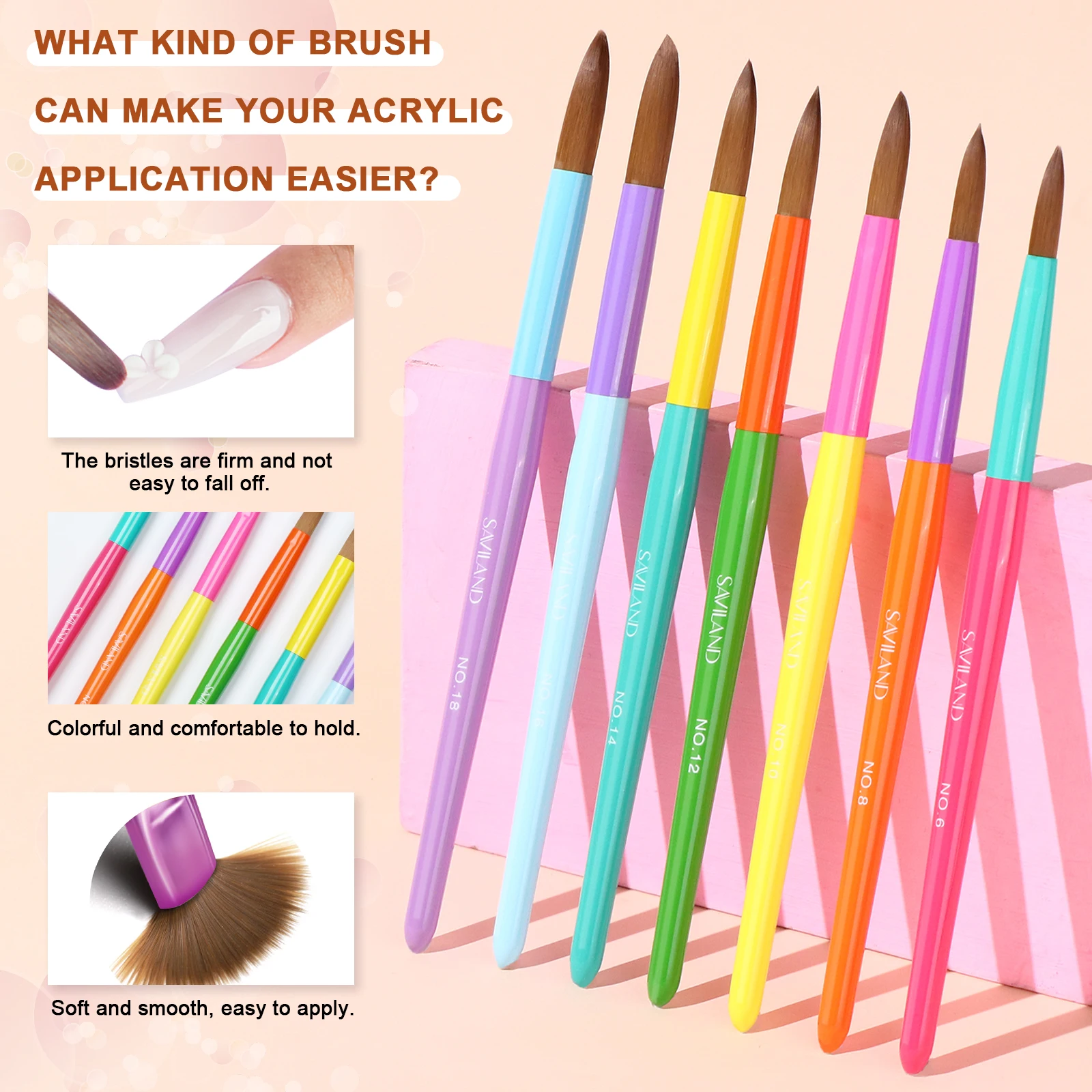 مجموعة فرش أظافر أكريليك مكونة من 7 قطع من سافيلاند # 6/8/10/12/14/16/18 مسحوق أكريليك تمديد فرش الأظافر مسمار الفن ثلاثية الأبعاد نحت أدوات مانيكير