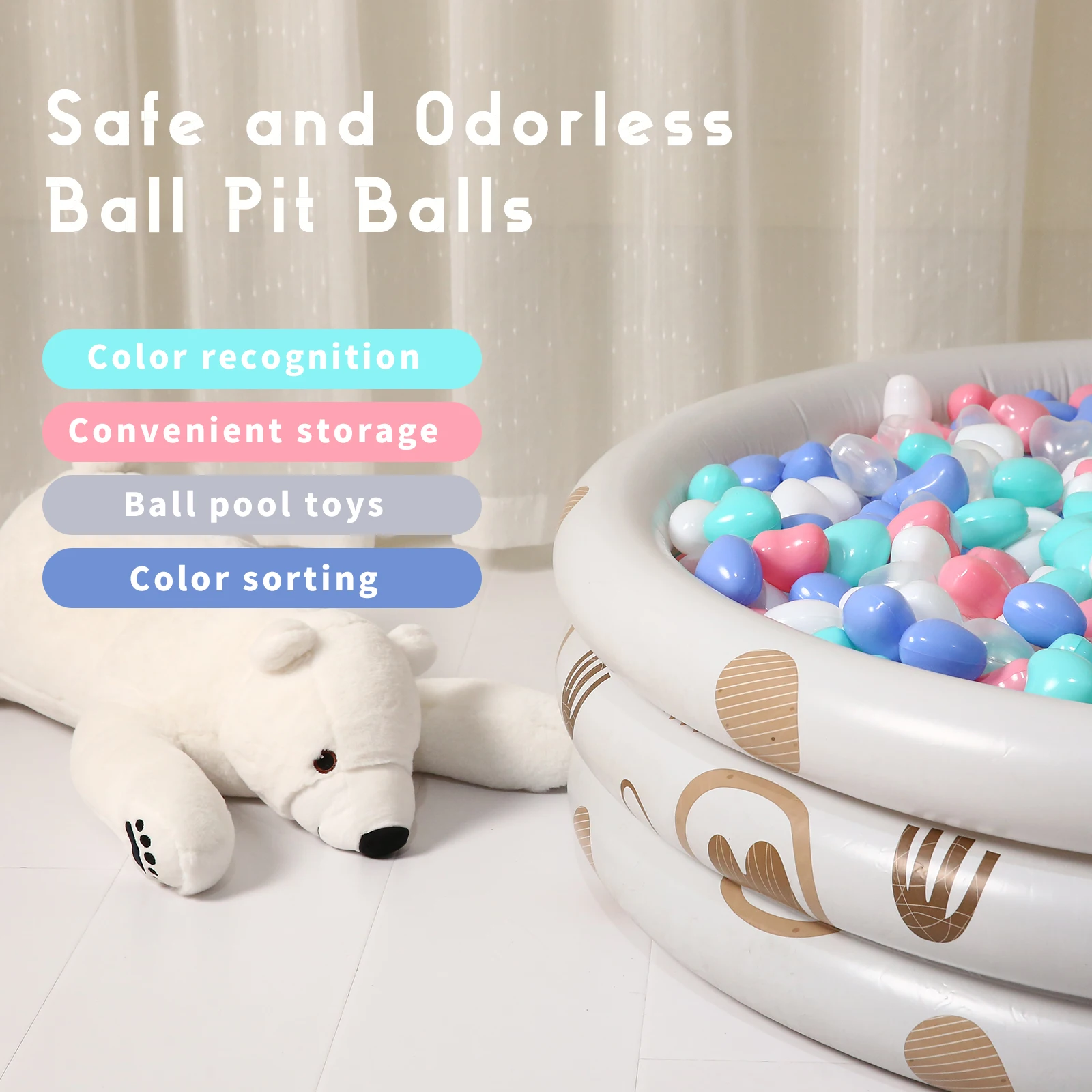 5*5.5cm 50/100pcs Soft Ball Pit Balls Heart Shape 5 Colors Plastic Balls With Reusable Net Bag for Kids
