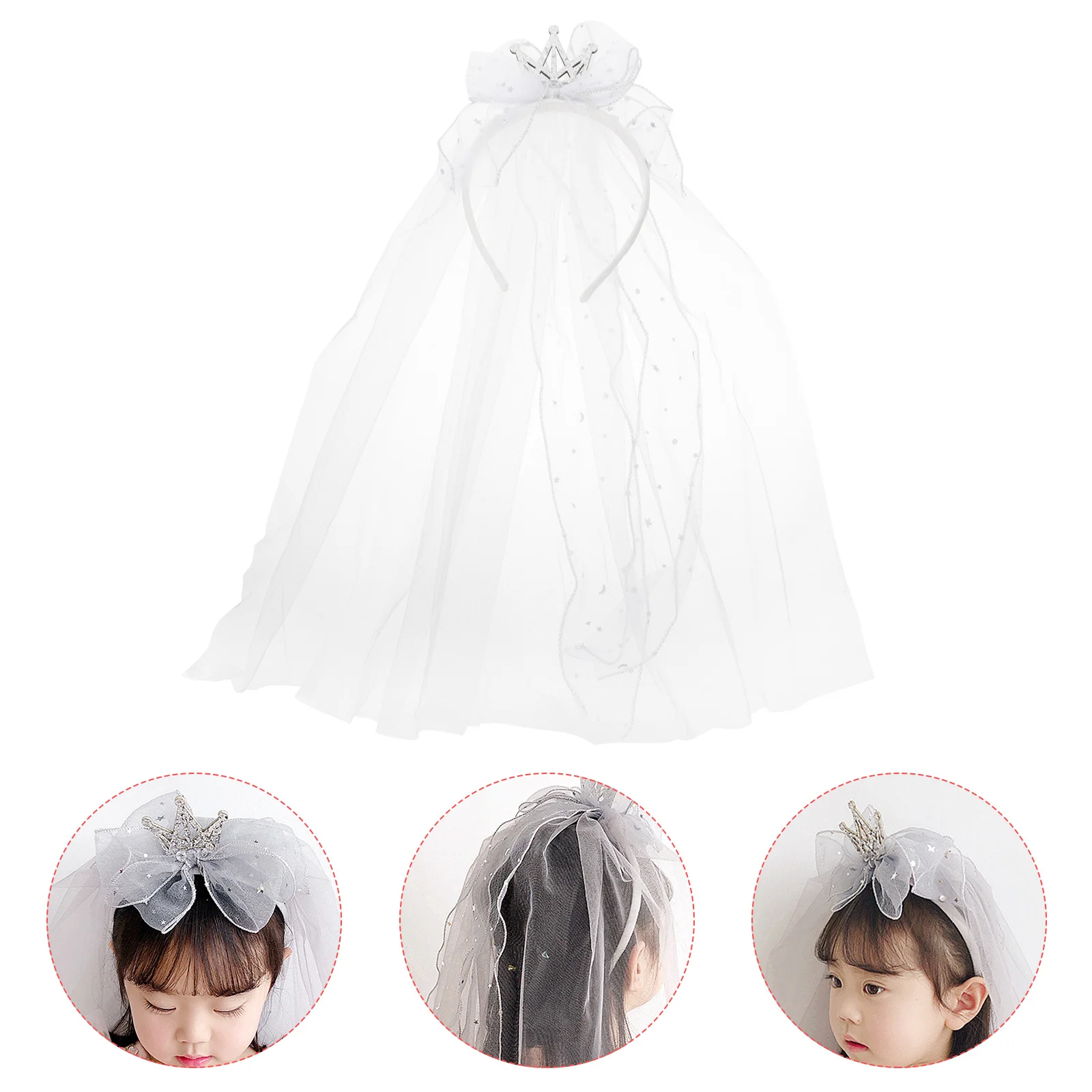 Crystal Crown Bow Girl Veil Headband Kids Bride Hair Accessory Headwear Imitation Rhinestone Flower Headdress Child Bridal