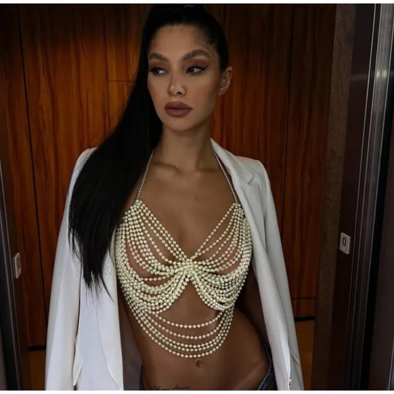Handgefertigtes Damen-Oberteil mit Imitationsperlen, Neckholder, Körperschmuck, Quasten und Fransen, verstellbares, rückenfreies Perlen-Harness für Hochzeit, Party und Rave – Detail 5