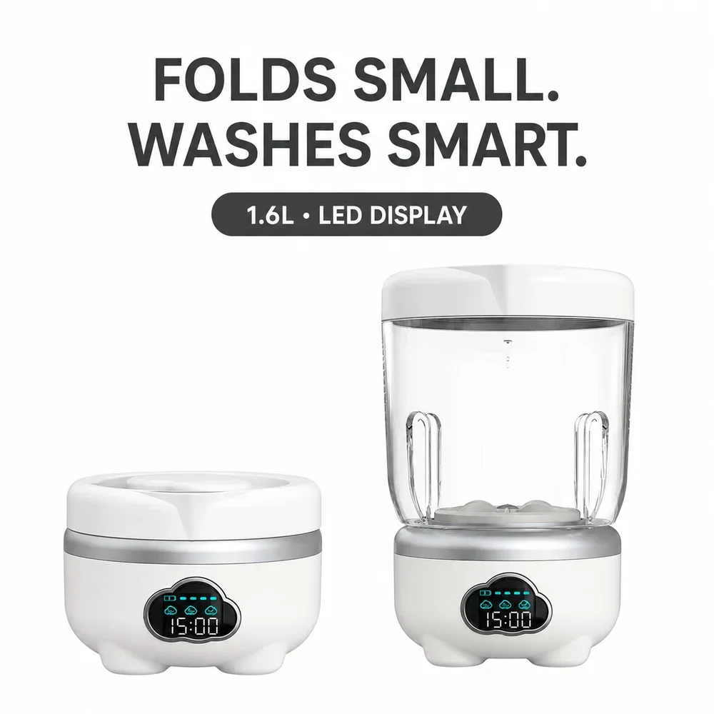 1.6L Foldable Mini Washer Cordless Laundry Cup With LED Timer 3 Wash Modes Type-C Rechargeable For Dorm Travel Underwear 02