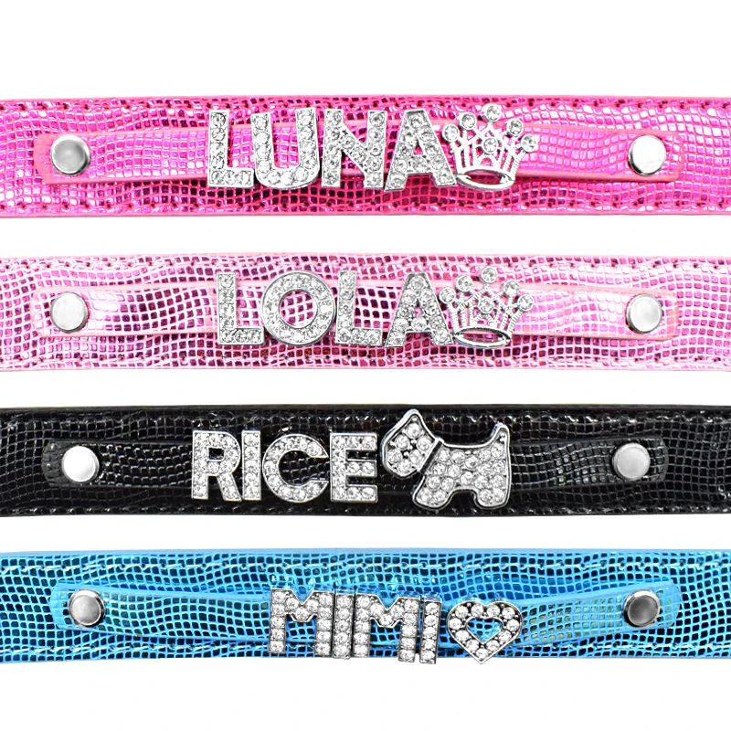 Custom Leather Dog Name Collar DIY Bling Rhinestone Charm Pet Dog Collar Personalized Name Dog Collar for Small Medium Large Dog