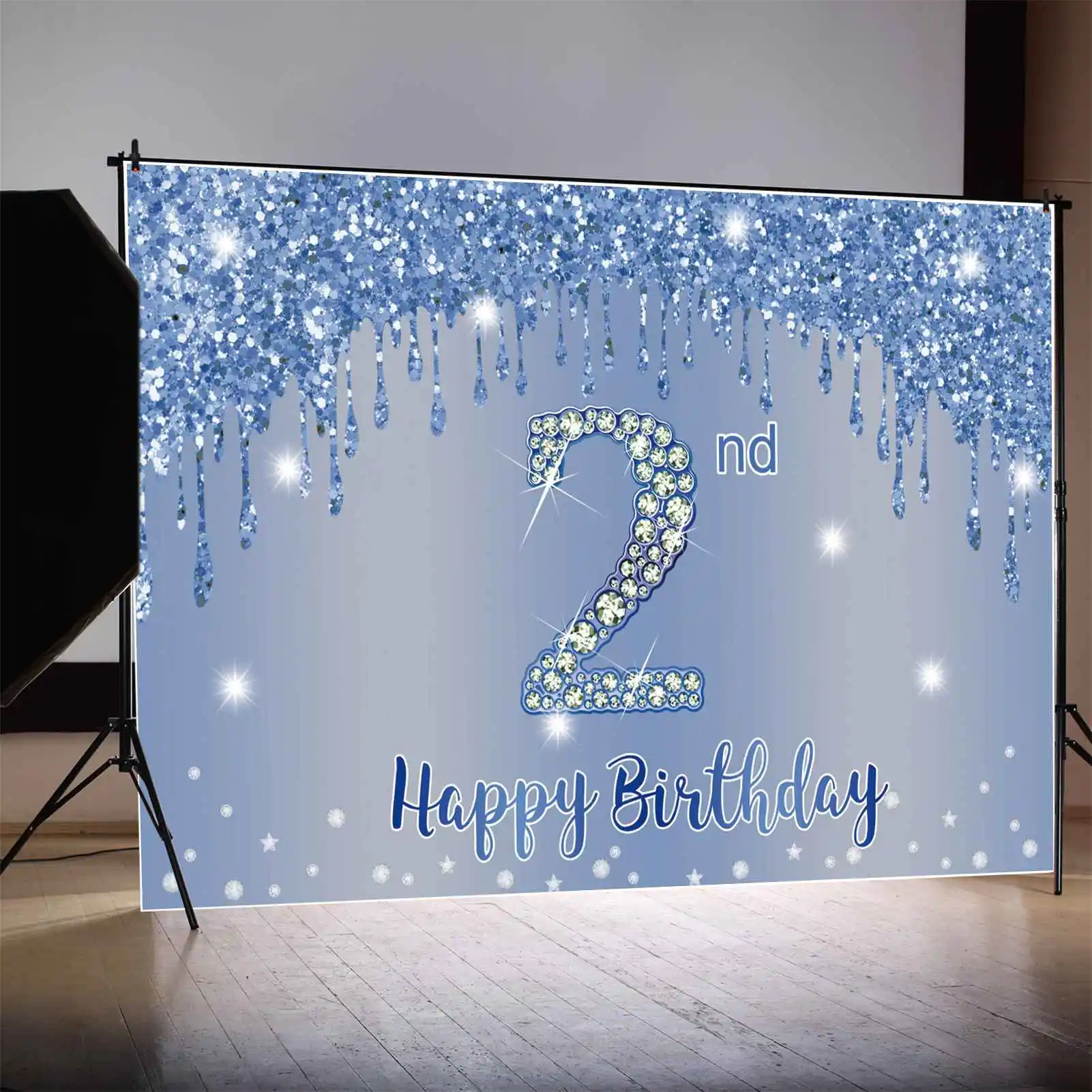 MOON.QG Photo Background Boys Blue 2nd Glitter Happy Birthday Backdrop Banner Custom Baby Shower Wedding Party Supplies Props