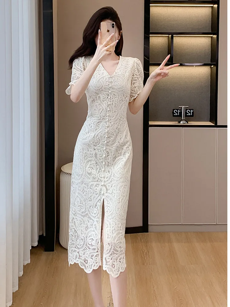 

Summer French Romantic Lace Wedding Dresses Women Sexy V-neck Puff Sleeve Single-breasted Split Bodycon Party Dress