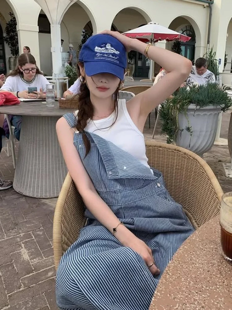 Retro Hong Kong Style Wide Leg Pants Women's Loose Fit Striped Denim Overalls Long Straight Tube Trousers High Waist Commute