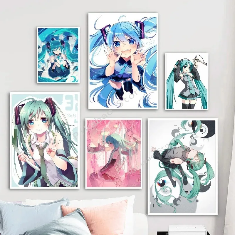 H-Hatsune Anime Miku-Poster Cartoon beautiful girl Anime Canvas Print Poster Poster Wall Art Decoration For Home Room Decoration