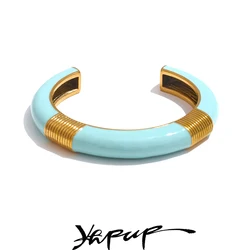 Yhpup Blue Pink Enamel High Quality Cuff Open Bracelet Bangle for Women 18K Gold PVD Plated Fashion Statement Wrist Jewelry Gift
