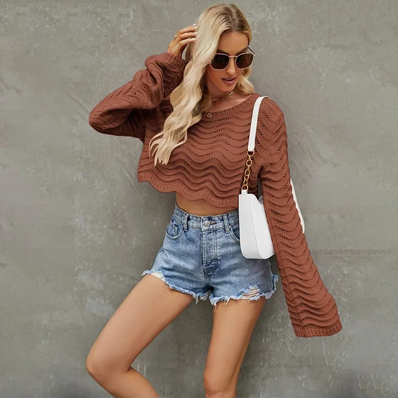 Spring and Autumn Europe and America Fashion Solid Color Hollow Wave Pattern Short Pullover Knitted Sweater for Women SFC2-3