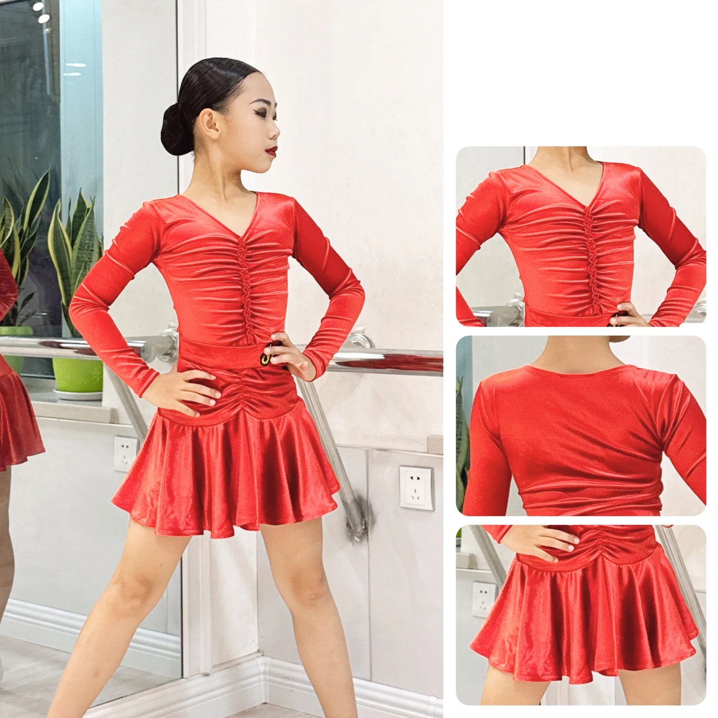 

Одежда для выступлений в латинских танцах 2024, розовые комплекты с длинными рукавами и большими качелями для девочек, детская одежда для латинских танцев, самба-чача XH3744