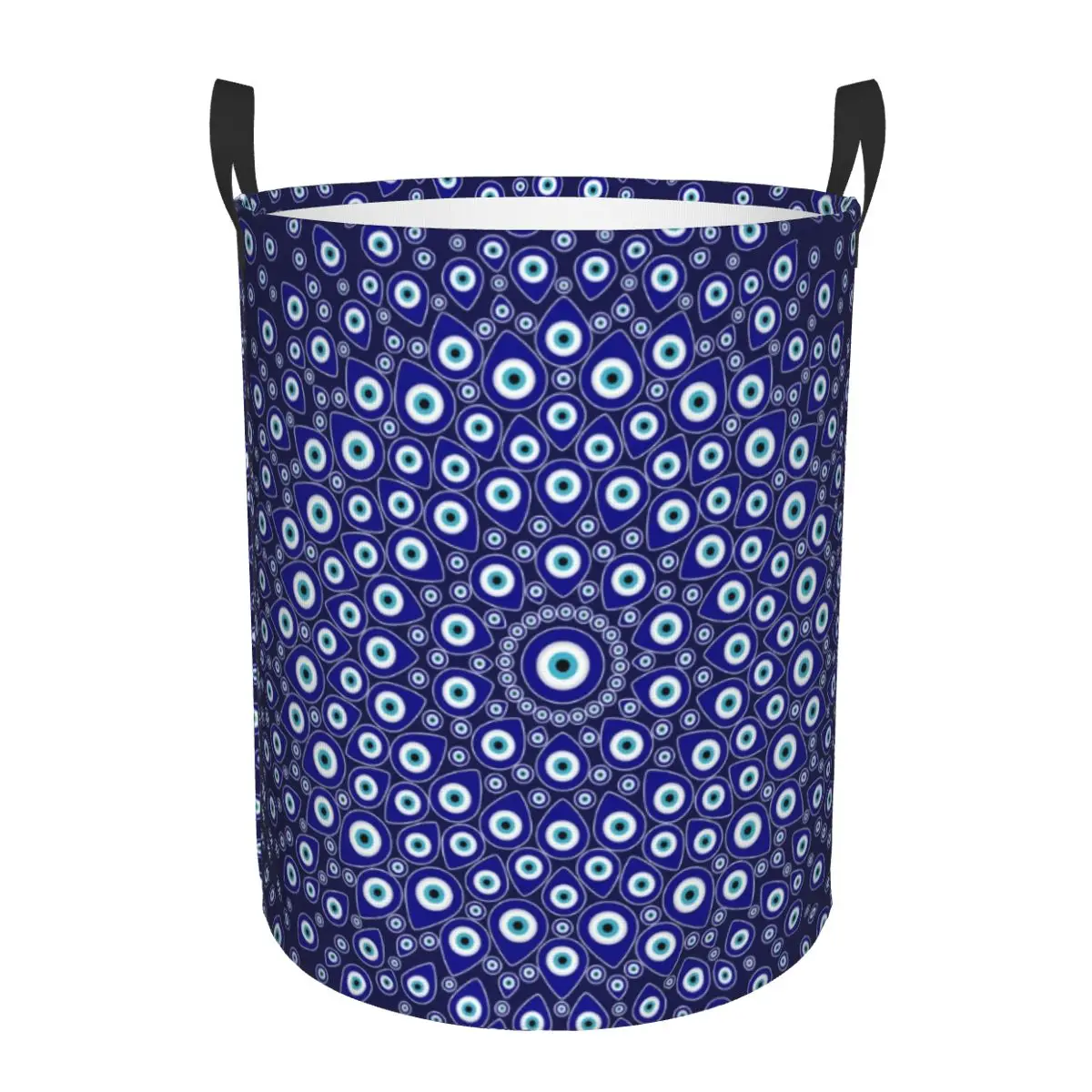 Custom Turkish Evil Eye Circular Laundry Basket Foldable Nazar Tribes Amulet Toy Clothes Hamper Storage Bin for Kids Nursery