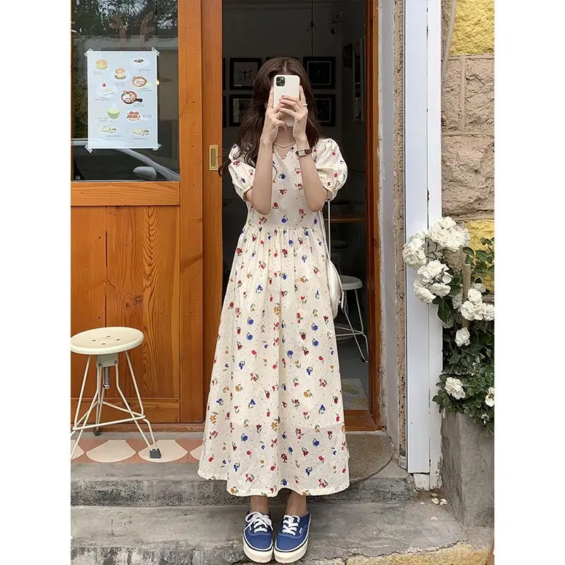 Korejpaa 甘い V ネック花柄プリントドレス女性 2025 夏の新レースアップウエストフレンチエレガントなミディドレス優しい Vestidos