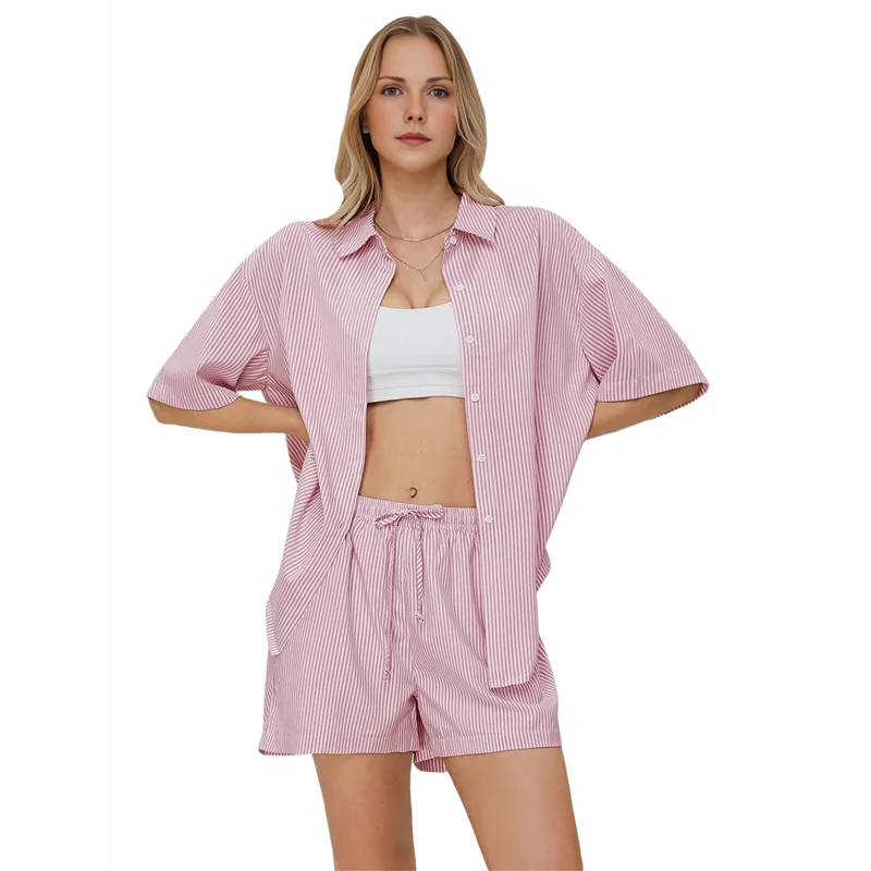 

FX-Women's Summer 2 Piece Sets Long Sleeve Button Down Shirts Matching Short Sets Beach Vacation Cruise Outfits 2025