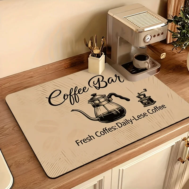 Drying Mat Coffee Cup Bean Checkerboard Print Tableware Drain Pad for Kitchen Countertop Coffee Station