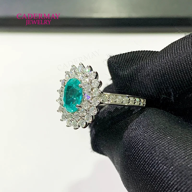 Luxury 925 Silver Rings 6x8mm Oval Shape Lab Paraiba YAG Ring Moissanite Rings Women Engagement Halo Ring Pave for Women