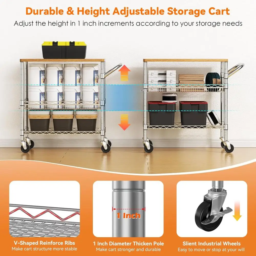 Durable 3-Tier Rolling Kitchen Cart with Wood Top and 650Lbs Capacity
