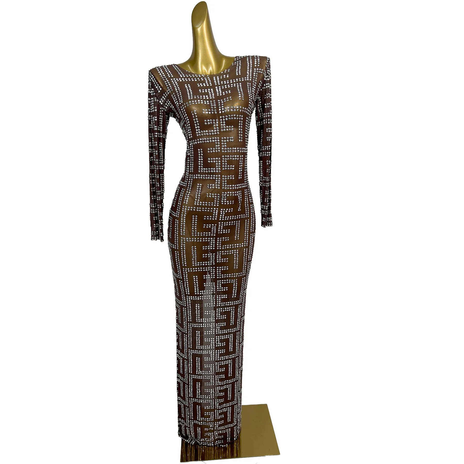 Sexy Perspective Long Sleeves Crystal Evening Prom Celebration Long Dress Women Floor Length Night Club Party Bodycon Dress