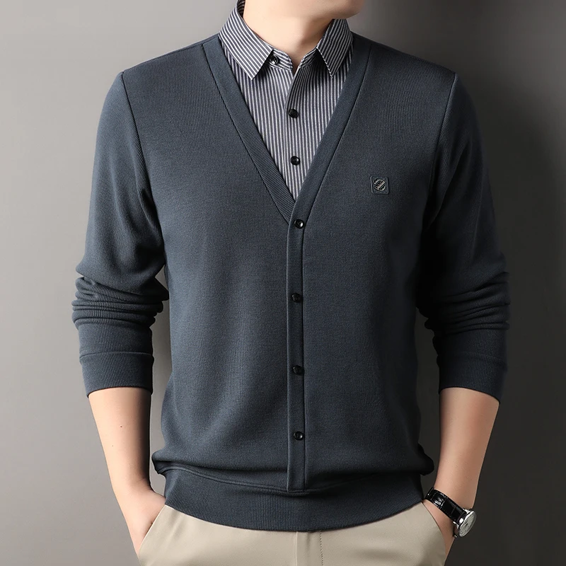 

Новинка весенне-осеннего сезона: Мужской трикотажный свитер с длинным рукавом, имитация двухслойности, для делового повседневного стиля, верхняя одежда для мужчин среднего возраста