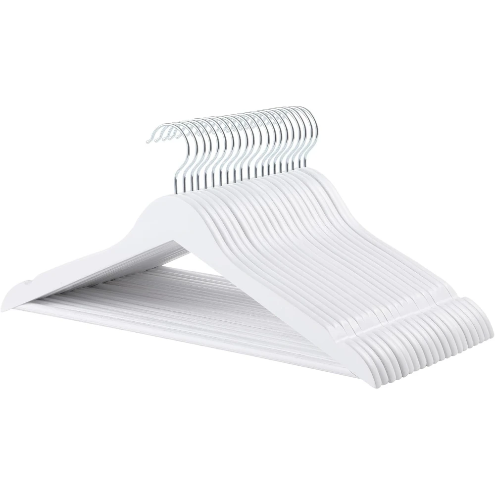 화이트 우드 행거 10개 팩 - 셔츠, 재킷, 드레스용 논슬립 팬츠 바 포함 코트 행거