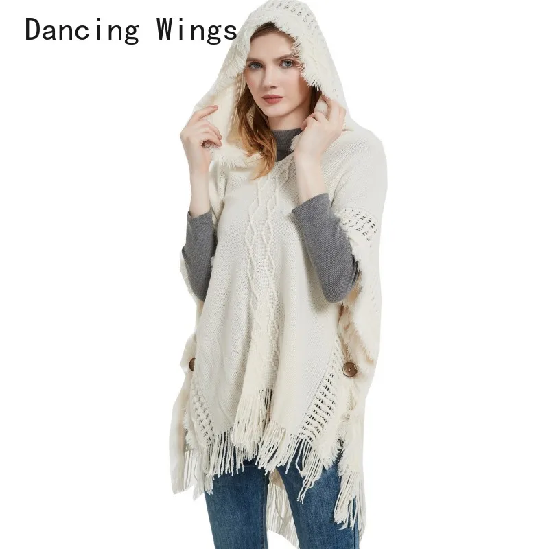 Women Knitted Cape Shawl Wrap Cloak Ethnic Hooded Poncho Hoody Jumper Sweater Tassels Dropshipping