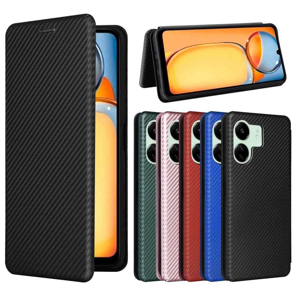 

Чехол из углеродного волокна для Redmi 13C, магнитный флип-подставка для книги, кошелек для карт, кожаный чехол, чехол, чехол