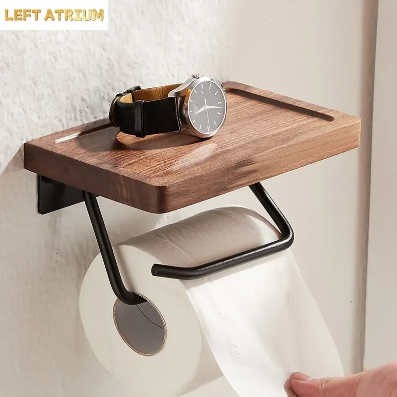 

Metal Wood Tissue Holder Wall-mounted Paper Holders Shelf Black Walnut Toilet Paper Holder Paper Roll Holders Wall Storage Rack
