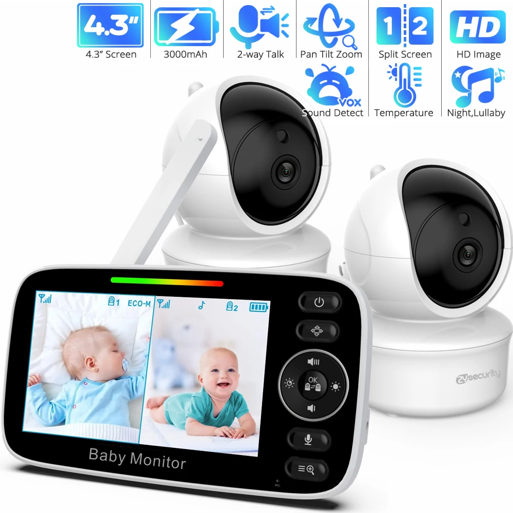 4.3Inch Video Baby Monitor with 2 Cameras Pan Tilt Zoom,3000mAh Battery Babyphone 2-way Talk Night Vision Temperature Babysitter