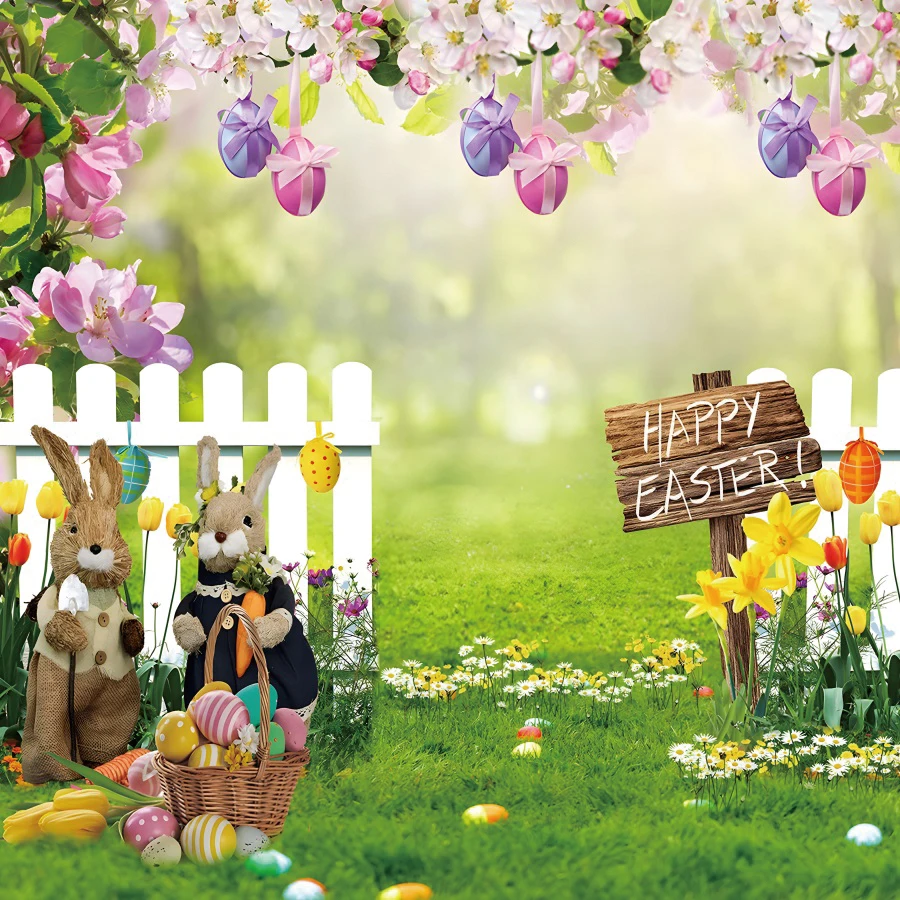 Happy Easter Backdrop Spring Garden Bunny Grass Eggs Flower Rabbit Easter Kids Baby Portrait Photography Background Photo Studio