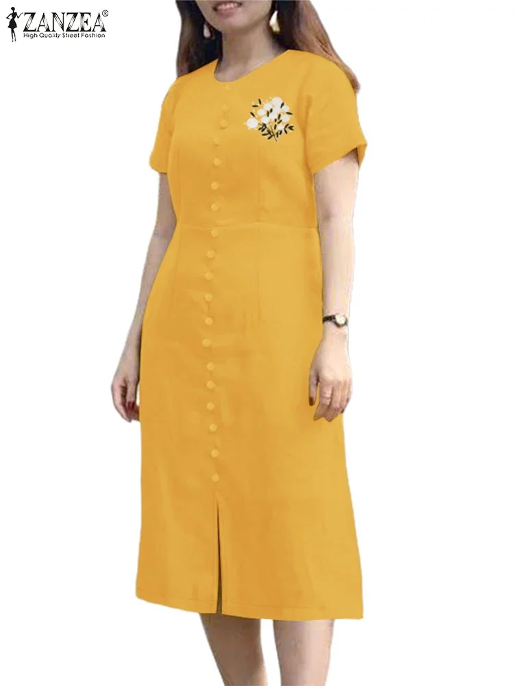 ZANZEA Damen-Midikleider mit lässigem Schlitz am Saum, 2023, Sommer, O-Ausschnitt, kurze Ärmel, Stickerei, Blumenmuster, A-Linie, Robe, Femme, Tagskleidung, Vestidos