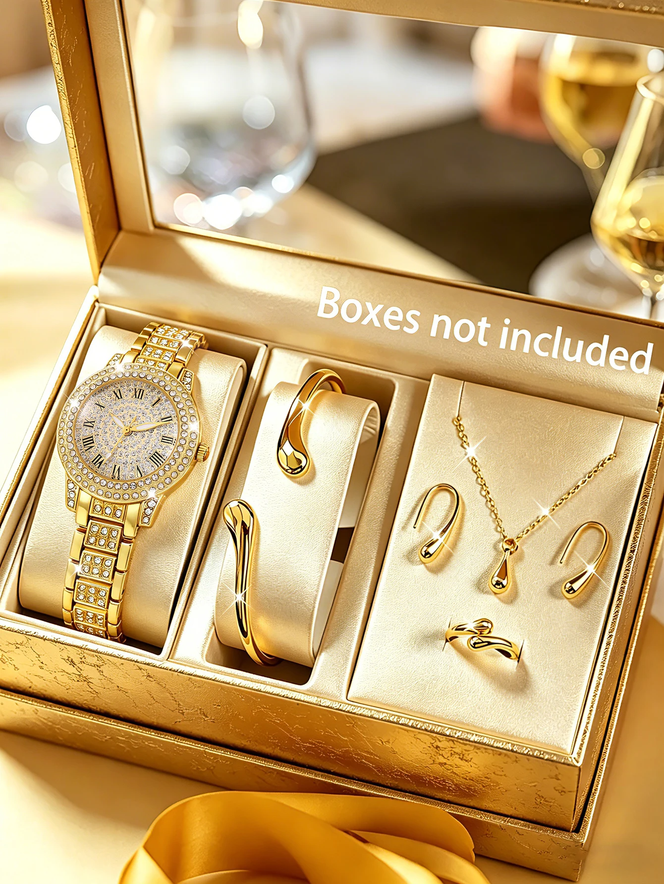 Luxuriöses, modisches Damen-Quarzuhr-Set mit runder Muschelschale und Wassertropfen-Schmuck als Geburtstagsgeschenk