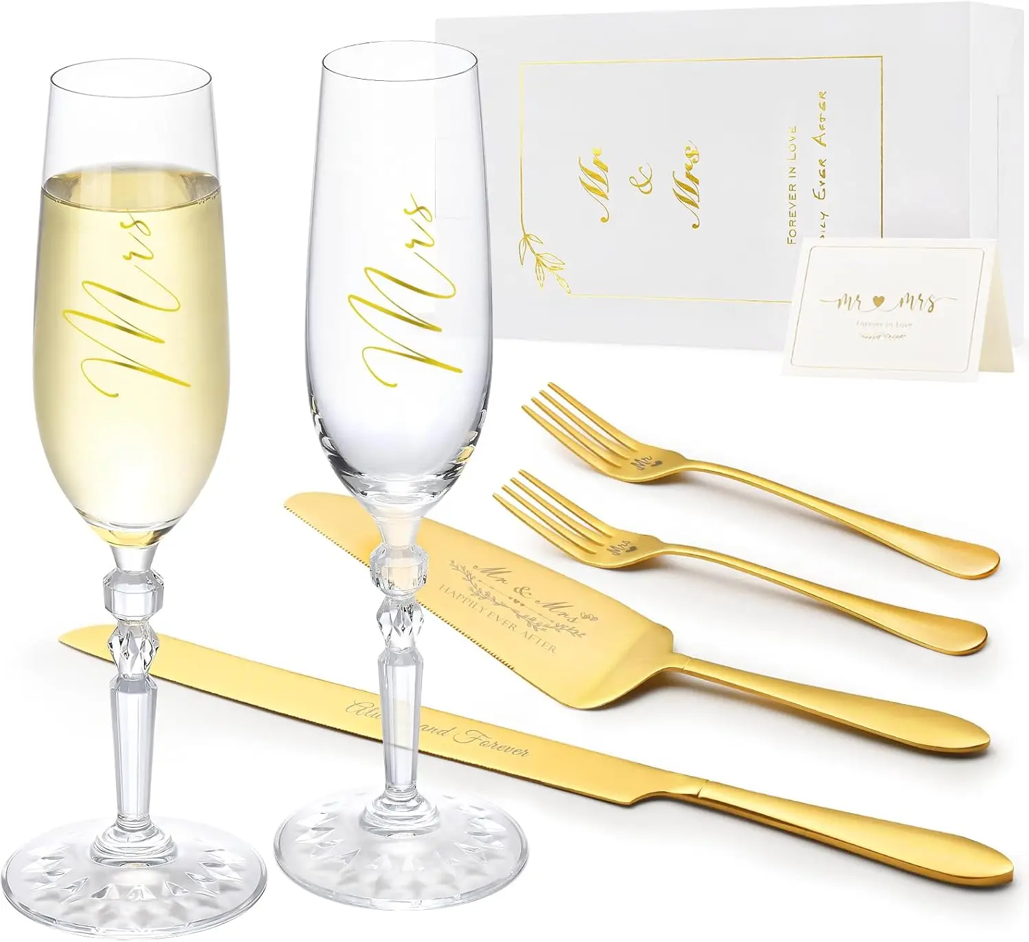 

Wedding Cake Knife & Server Set with Forks, Crystal Champagne Flutes for Bride and Groom, Wedding Gift for Couples