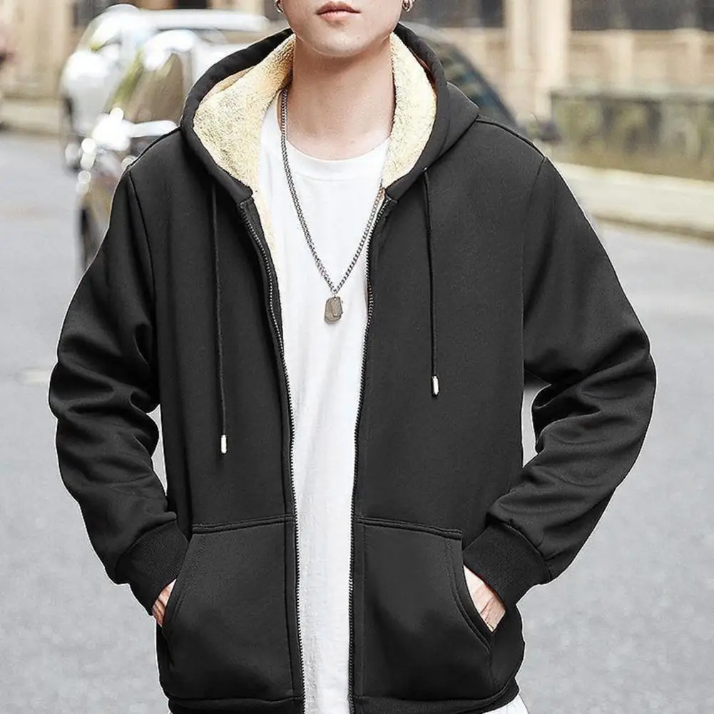 

Men Soft Coat Cozy Hooded Men's Winter Coat Thick Plush Drawstring Closure Long Sleeve Cardigan Warm Stylish Outerwear Men Coat