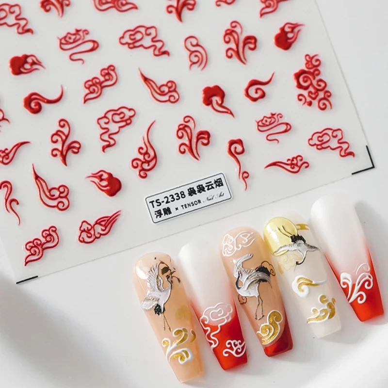 

Благоприятные облака, журавль с красной короной, 5D рельефные рельефы, самоклеящиеся наклейки для дизайна ногтей, ретро китайский стиль, 3D наклейки для маникюра