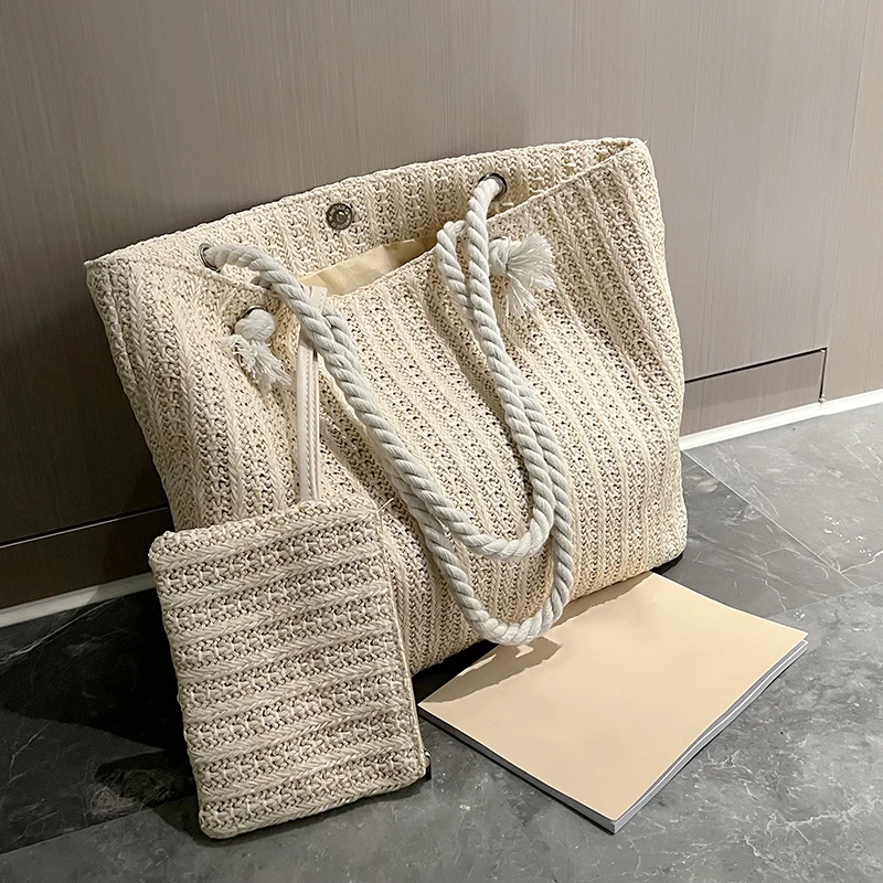 Moda o dużej pojemności słomiana torba z grubej bawełny projektant torebki damskie Handamde tkana letnia torba plażowa Casual Bali duża torebka