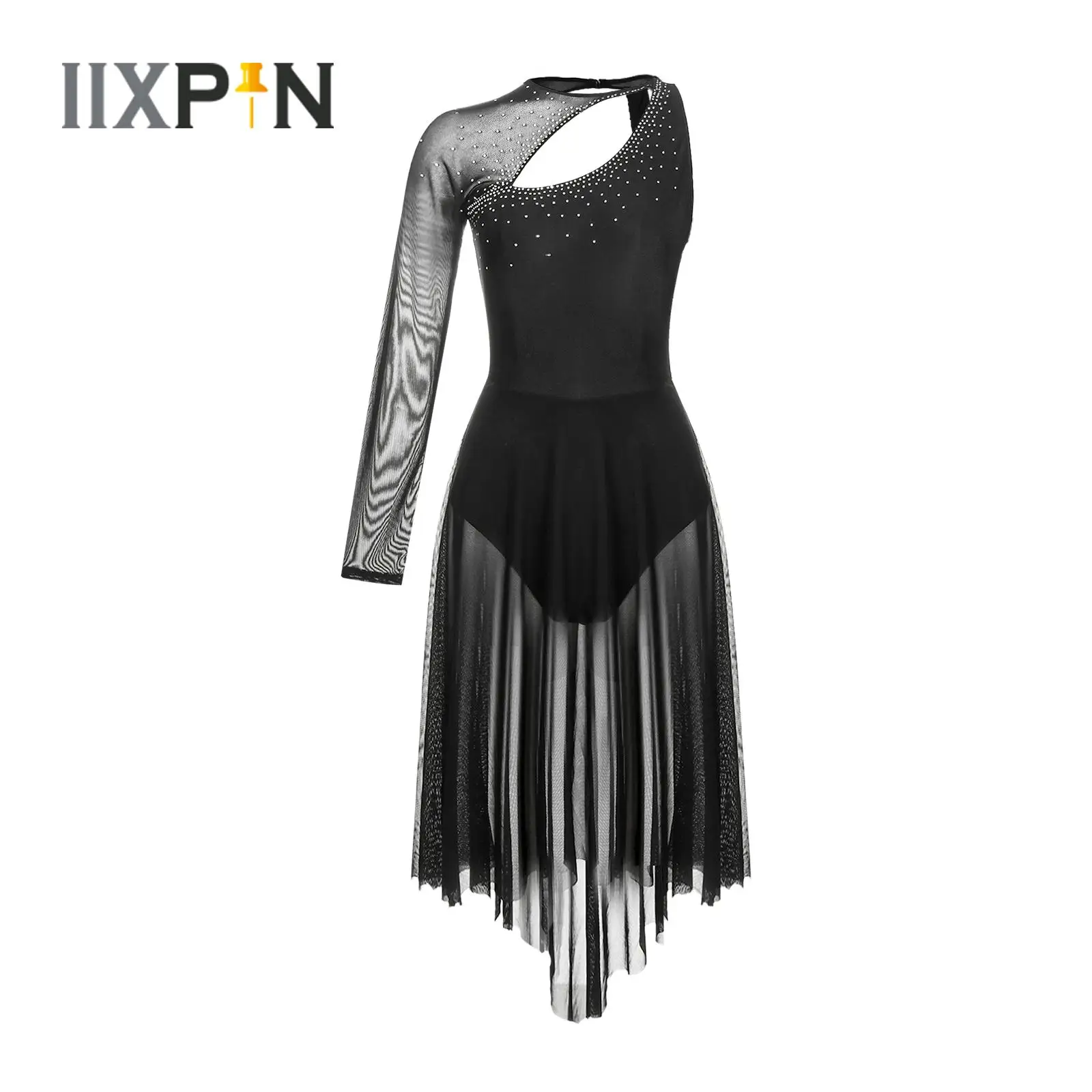 

Womens Long Sleeve Lyrical Dance Dress Sheer Mesh Gymnastics Leotard Figure Skating Dress Ballerina Stage Performance Costume