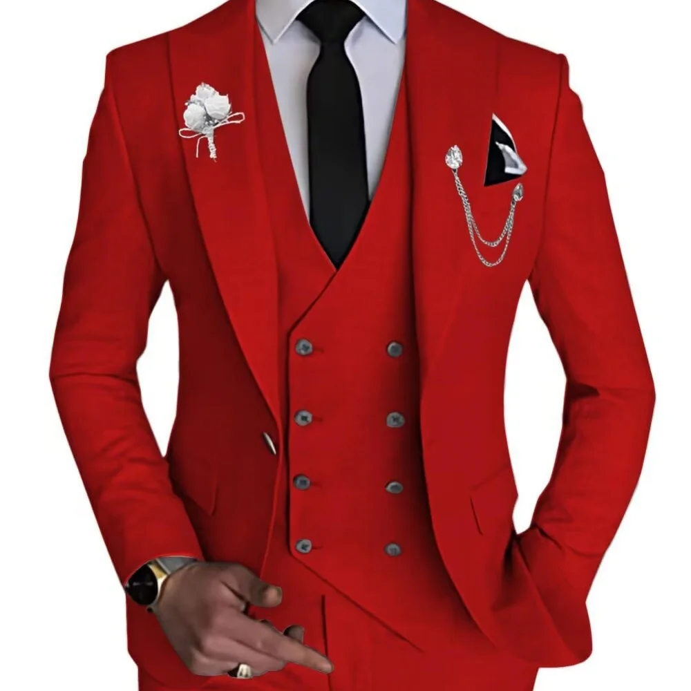 أنيقة الوردي الأحمر 3 قطع سليم صالح الرجال دعوى مزدوجة الصدر السترة سترة فستان أطفال مع سروال داخلي لحفل زفاف العريس سهرة الأعمال #4