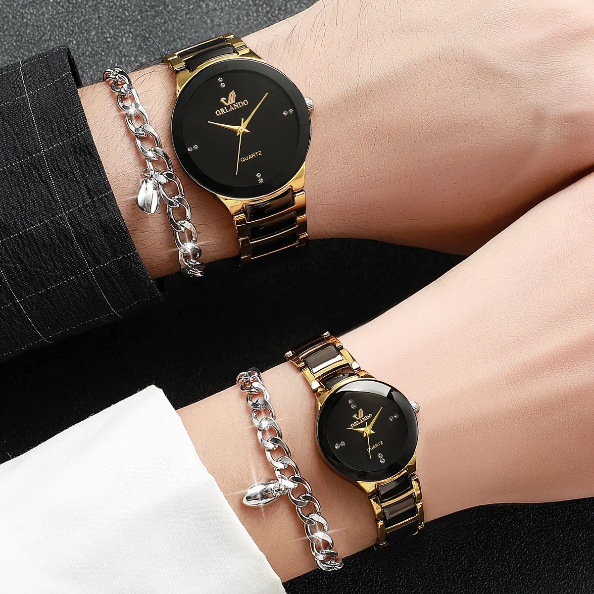 Men's and Women's Biscuit Dial Quartz Watch, Stainless Steel Strap Watches, Couple Bracelets Set, Fashion, 4-Piece Set