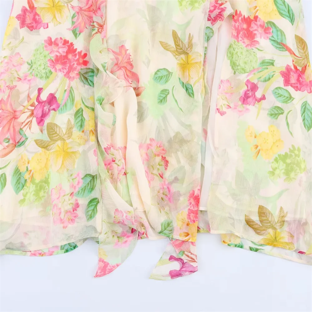 BM&MD&ZA2025vestido decorativo em camadas com decote em V, sem mangas, estampa de flores, design sem cintura, saia linha A, verão, novas roupas femininas