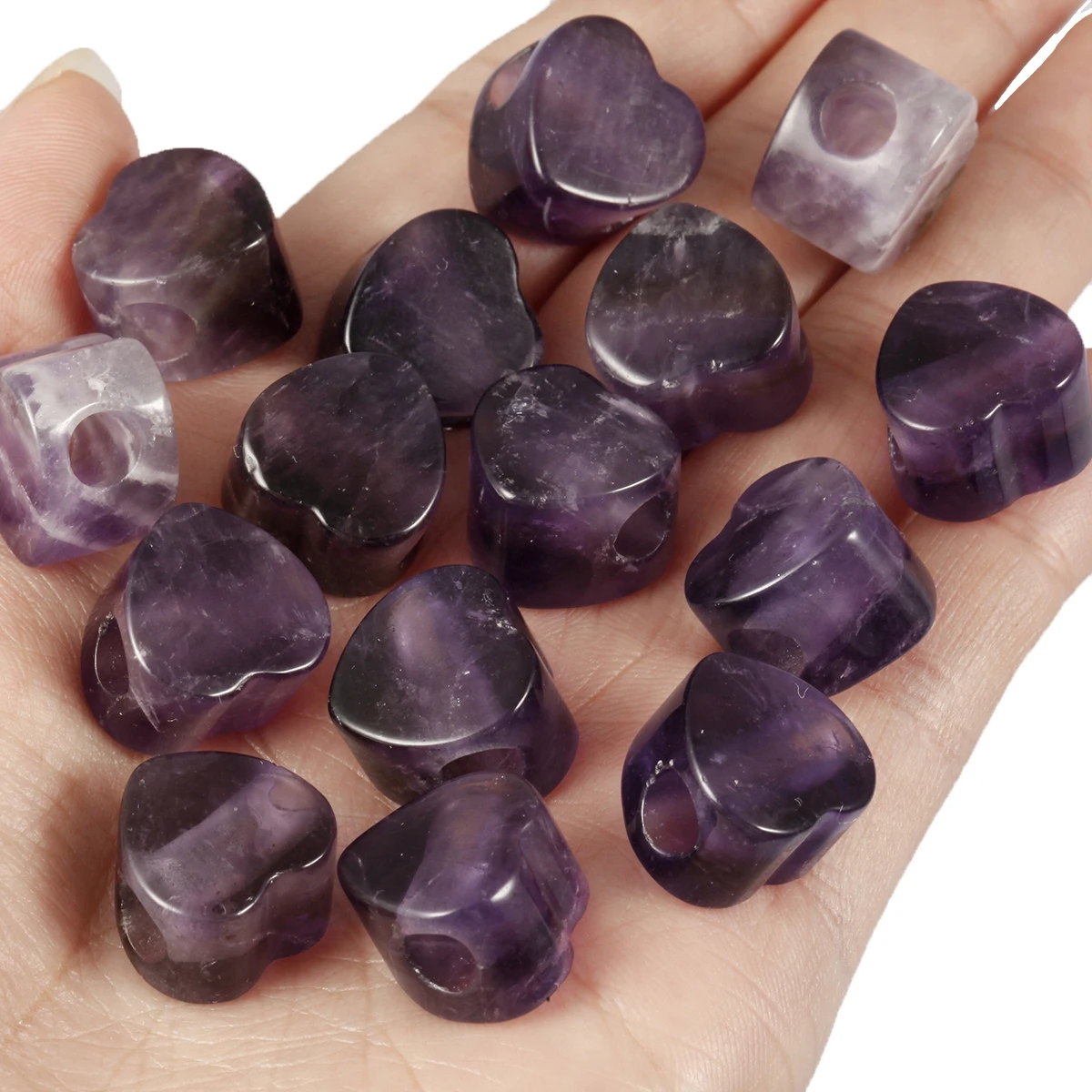 TUMBEELLUWA 5pcs Natural Amethyst Crystal Heart Shape Loose Charms Big Hole Beads For Making Jewelry Bracelet Accessory 14x14mm