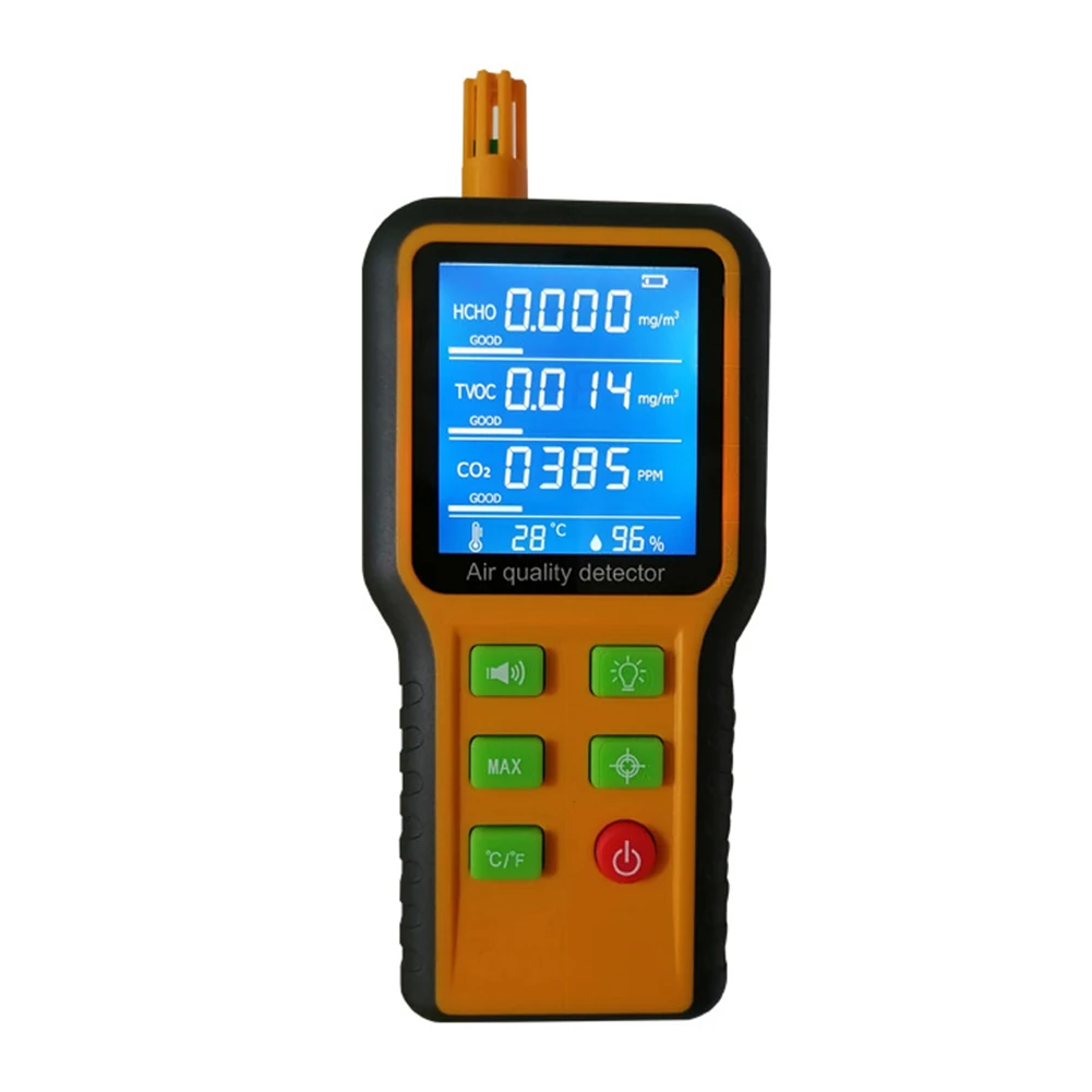 

Indoor Portable Digital Air Quality Detector Monitor Measures Formaldehyde TVOC Temperature Humidity with Battery Indicator