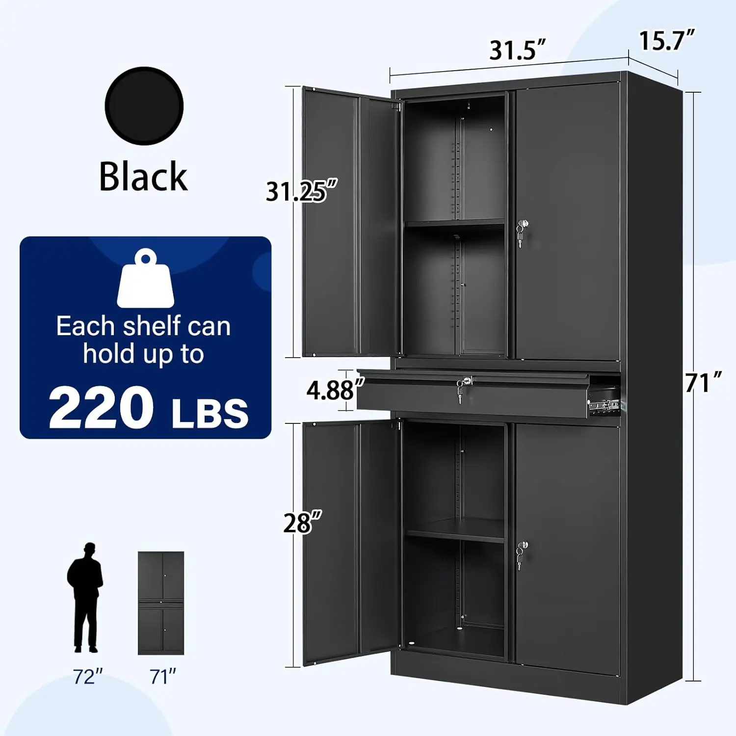 Metal Garage Storage Cabinet with Locking Doors and Adjustable Shelves, Tool Storage Cabinet with 1 Drawer - 71" Steel Locking C