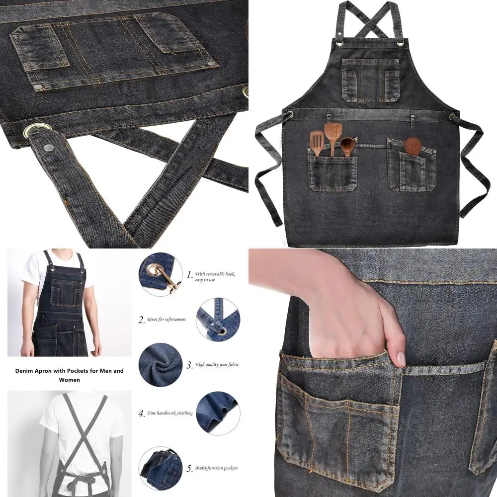 

Multi-Pocket Denim Chef Apron for Kitchen, Grilling, and Gardening