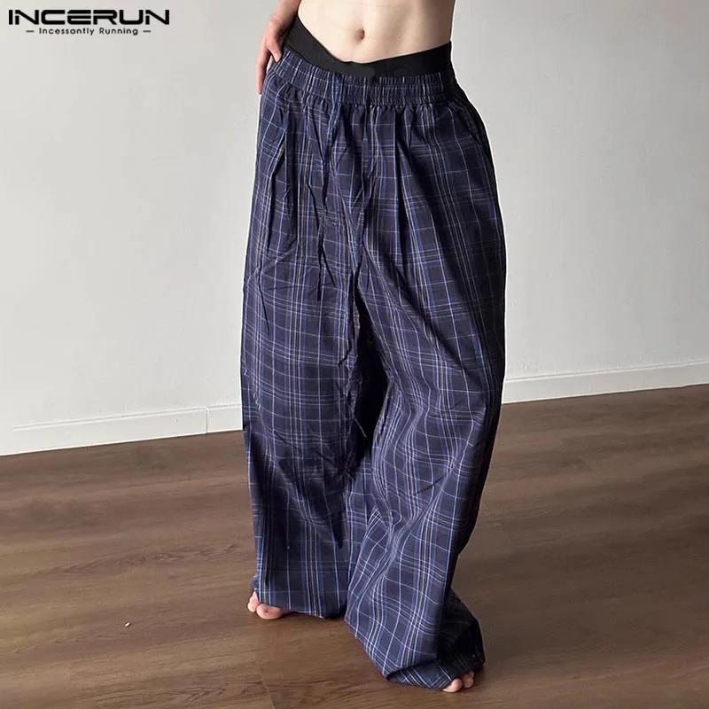 INCERUN Men Plaid Pants Elastic Waist Loose Joggers Casual Straight Trousers Men Streetwear 2024 Fashion Male Long Pants S-5XL