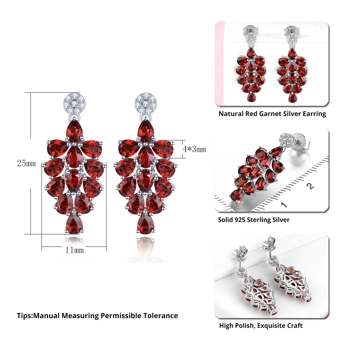 Natural Red Garnet Sterling Silver Earring 4.8 Carats Genuine Gemstone Romantic Exquisite Style Wedding Engagement Fine Jewelrys