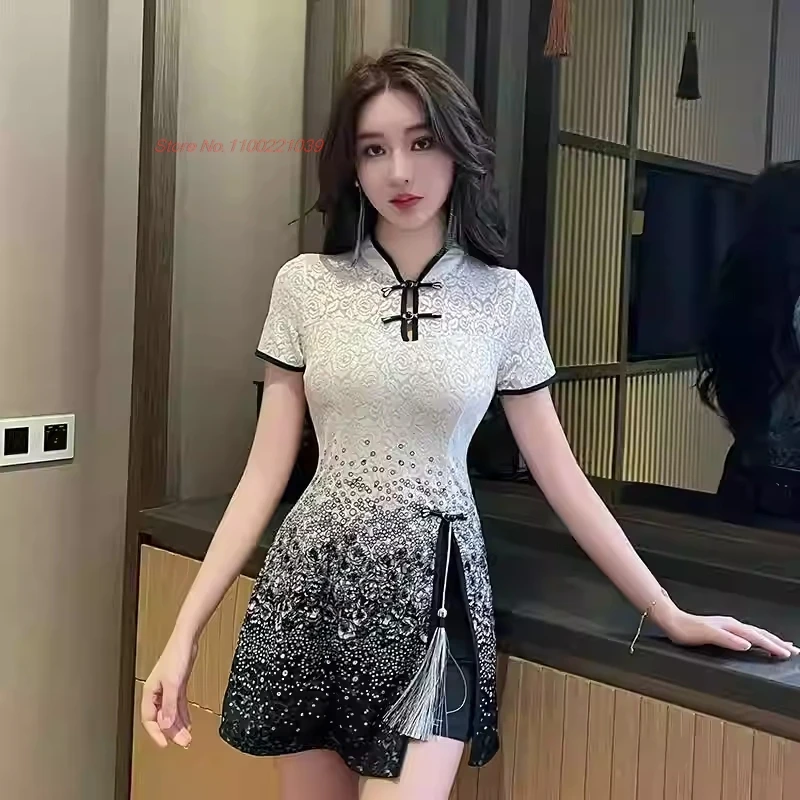 

2025, китайское банкетное платье для ночного клуба, кружевное платье Cheongsam с цветочным принтом, улучшенное платье Ципао + шорты, комплект, спа-рабочечное платье, униформа красоты