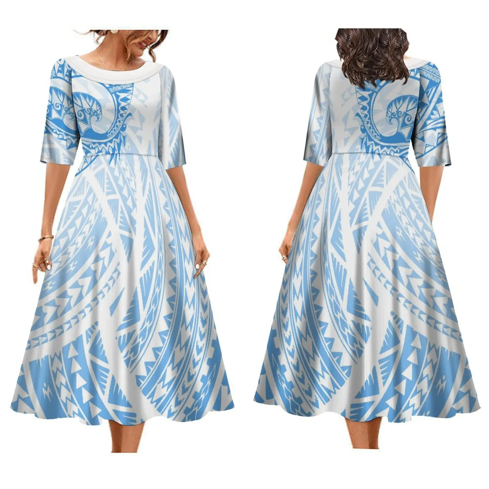 

Wholesale Custom Women's Dresses Polynesian Fashion Women's Elegant Dress With Fluffy Hemline Summer Short Sleeve Dress 2023