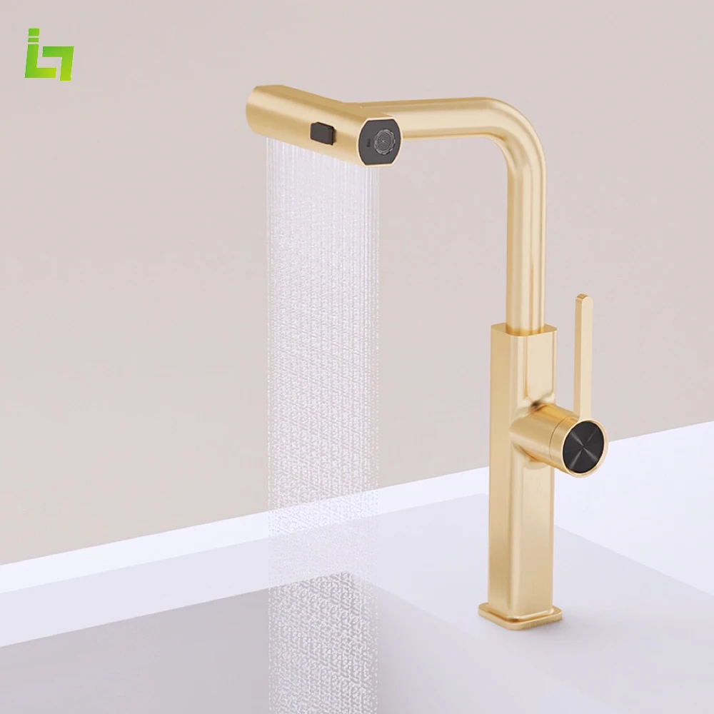 

High-quality Kitchen Faucet 360 ° Rotation Cold and Hot Deck Mounted Pull Out Sink 3 Ways Water Outlet Methods Brass Tap